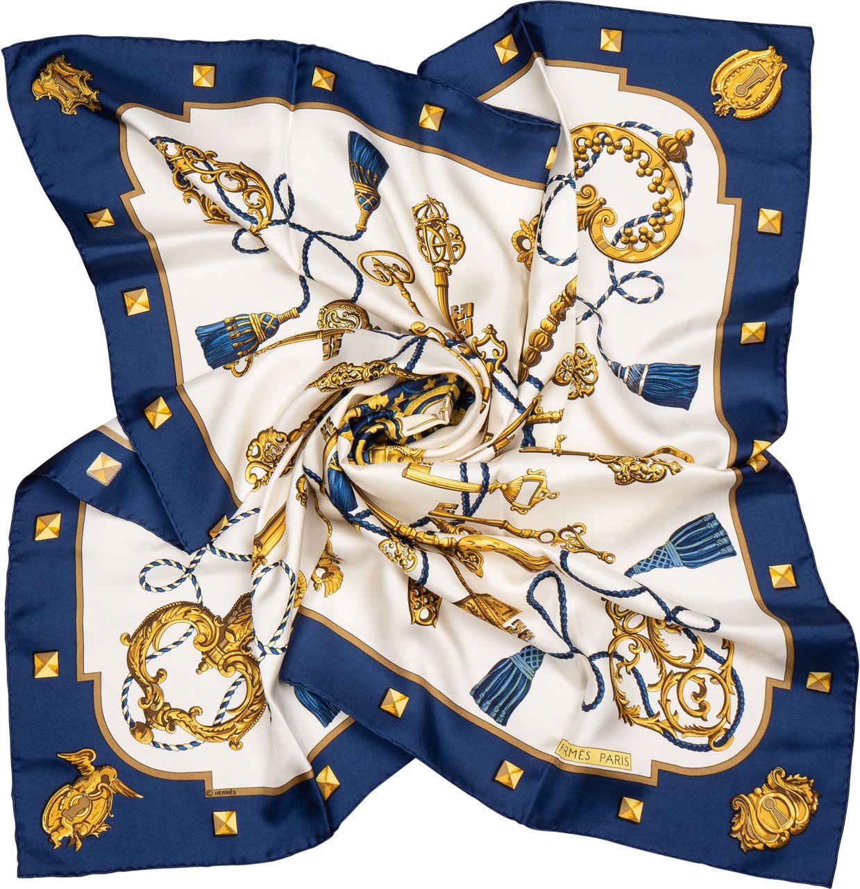 Hermès Hermès Classic "Les Clefs" Silk Carre 90 Scarf Tuch Blauw