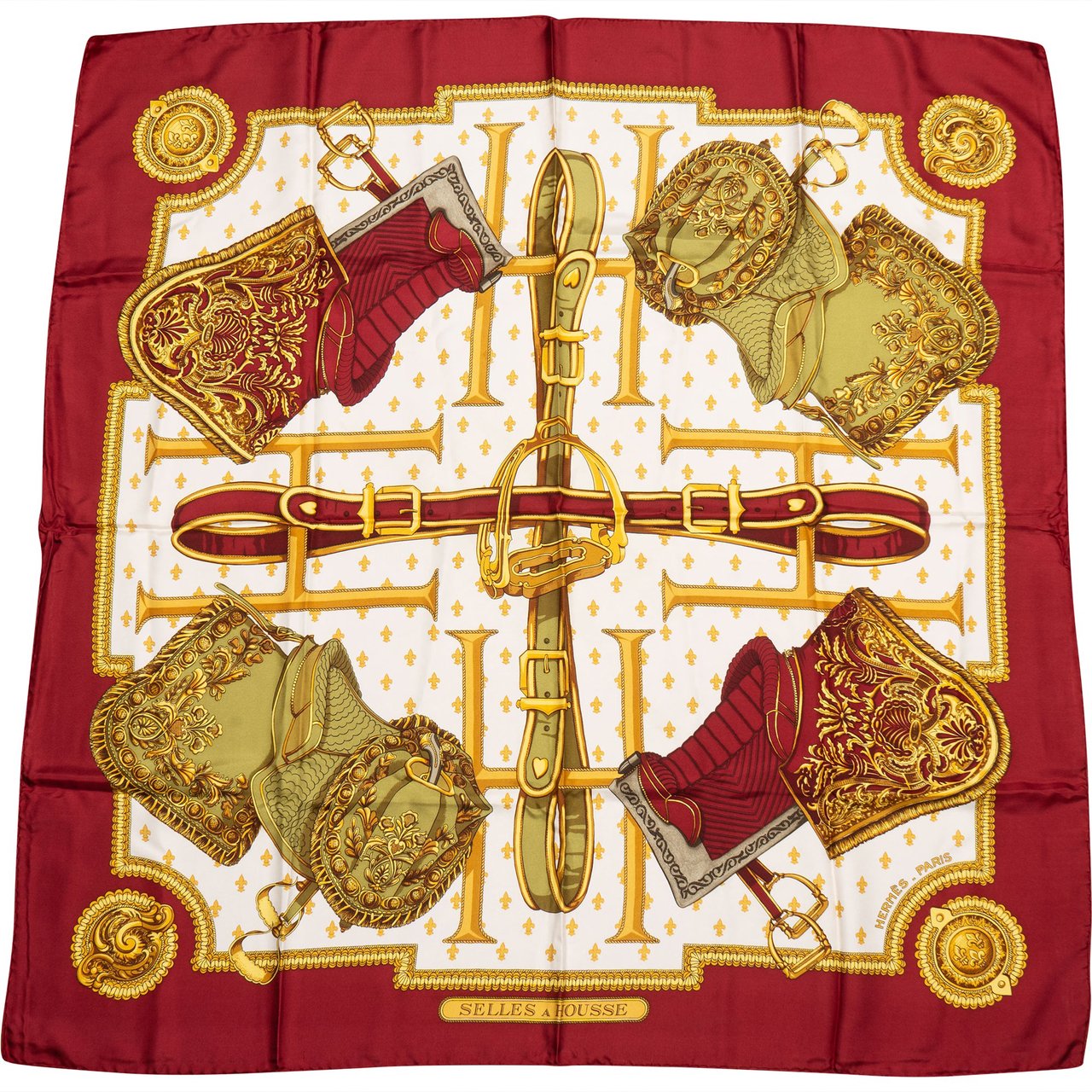 Hermès Hermès Classic "SELLES A HOUSSE" Silk Carre 90 Scarf Tuch Rood