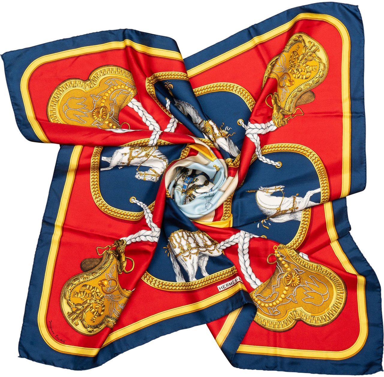 Hermès Hermès Classic "GRAND APPARAT" Silk Carre 90 Scarf Tuch Blauw