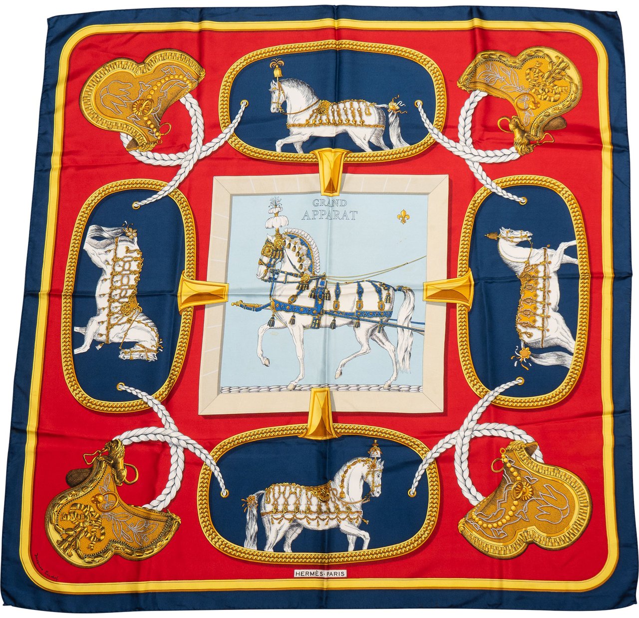 Hermès Hermès Classic "GRAND APPARAT" Silk Carre 90 Scarf Tuch Blauw