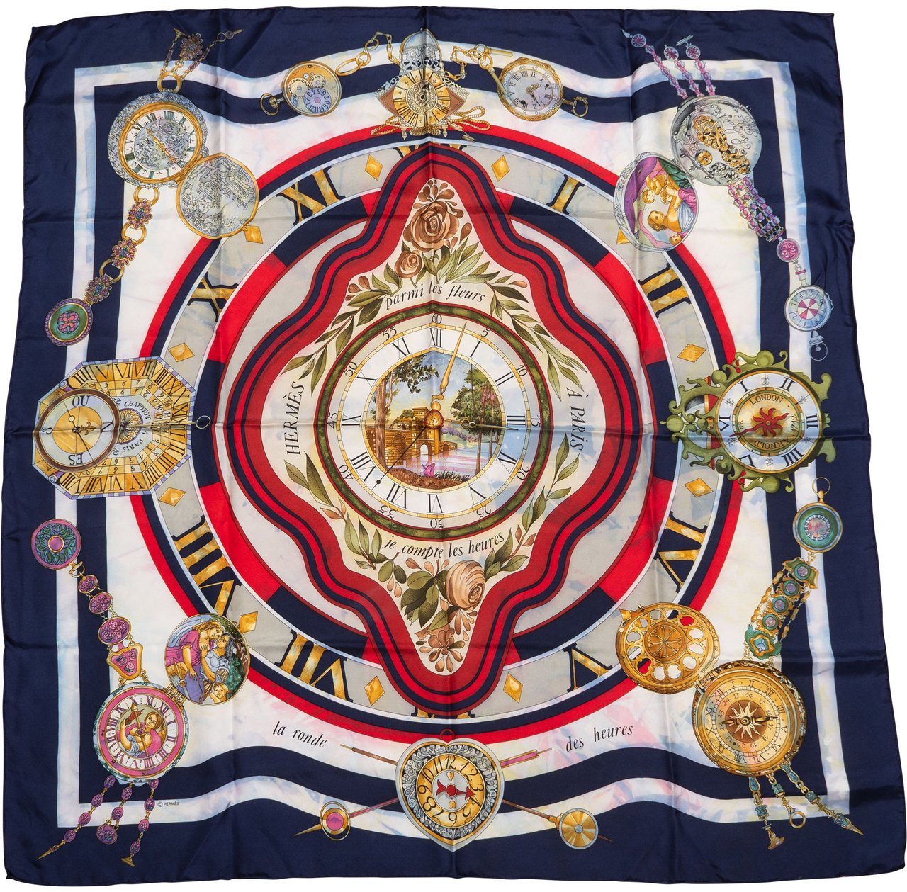 Hermès Classic "parmi le fleurs" Silk Carre 90 Scarf Tuch Blauw