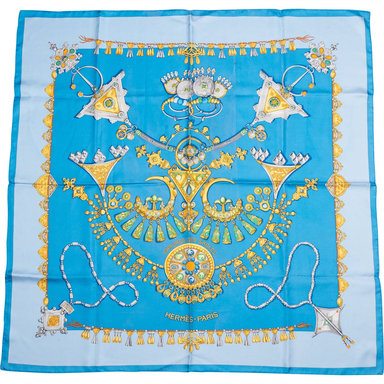 Hermès Hermès Classic "PARURES DES SABLES" Silk Carre 90 Scarf Tuch Blauw