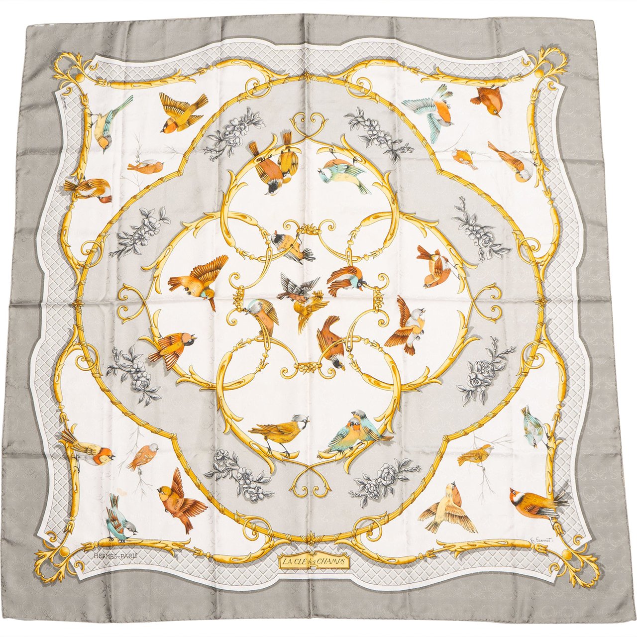 Hermès Hermès Classic "LA CLE des CHAMPS" Silk Carre 90 Scarf Tuch Donkergrijs