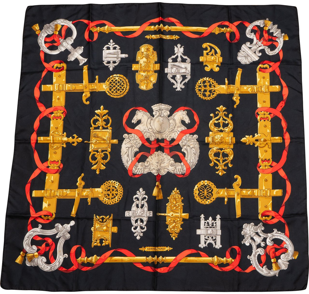 Hermès Hermès Classic "FERRONNERIE" Silk Carre 90 Scarf Tuch Zwart