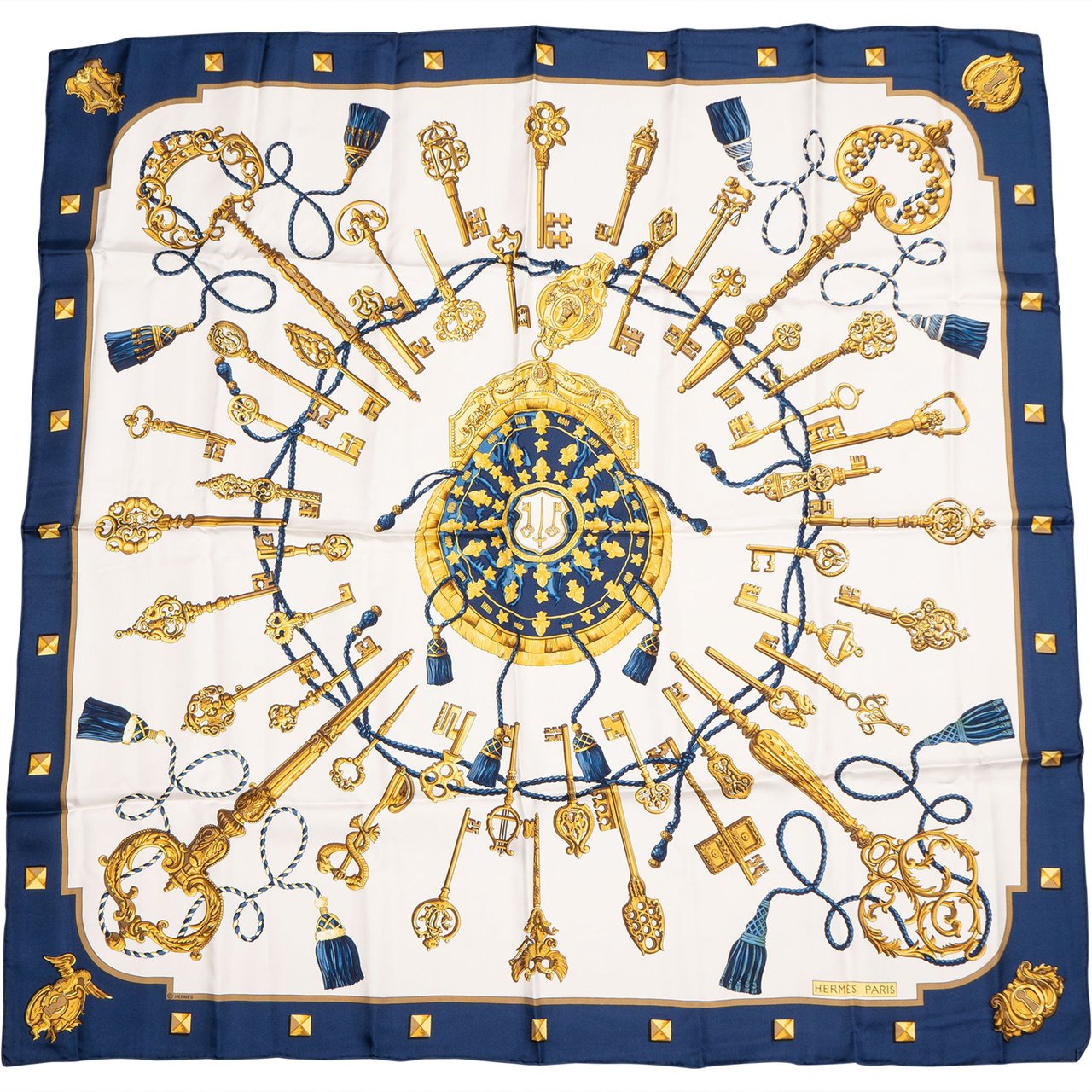 Hermès Hermès Classic "Les Clefs" Silk Carre 90 Scarf Tuch Blauw