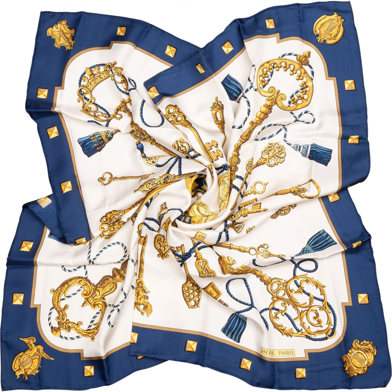 Hermès Hermès Classic "Les Clefs" Silk Carre 90 Scarf Tuch Blauw