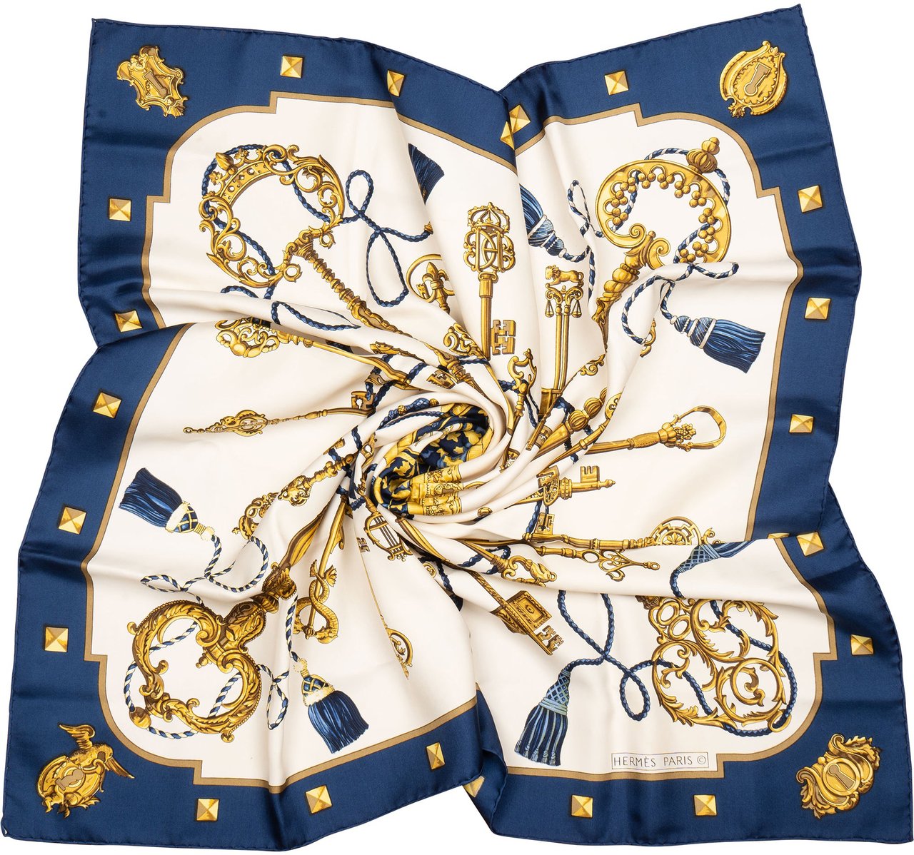 Hermès Hermès Classic "Les Clefs" Silk Carre 90 Scarf Tuch Blauw