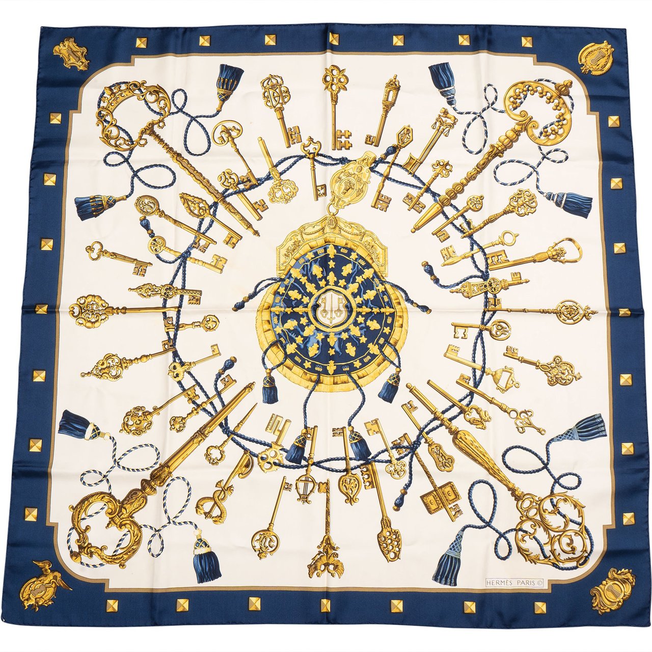 Hermès Hermès Classic "Les Clefs" Silk Carre 90 Scarf Tuch Blauw