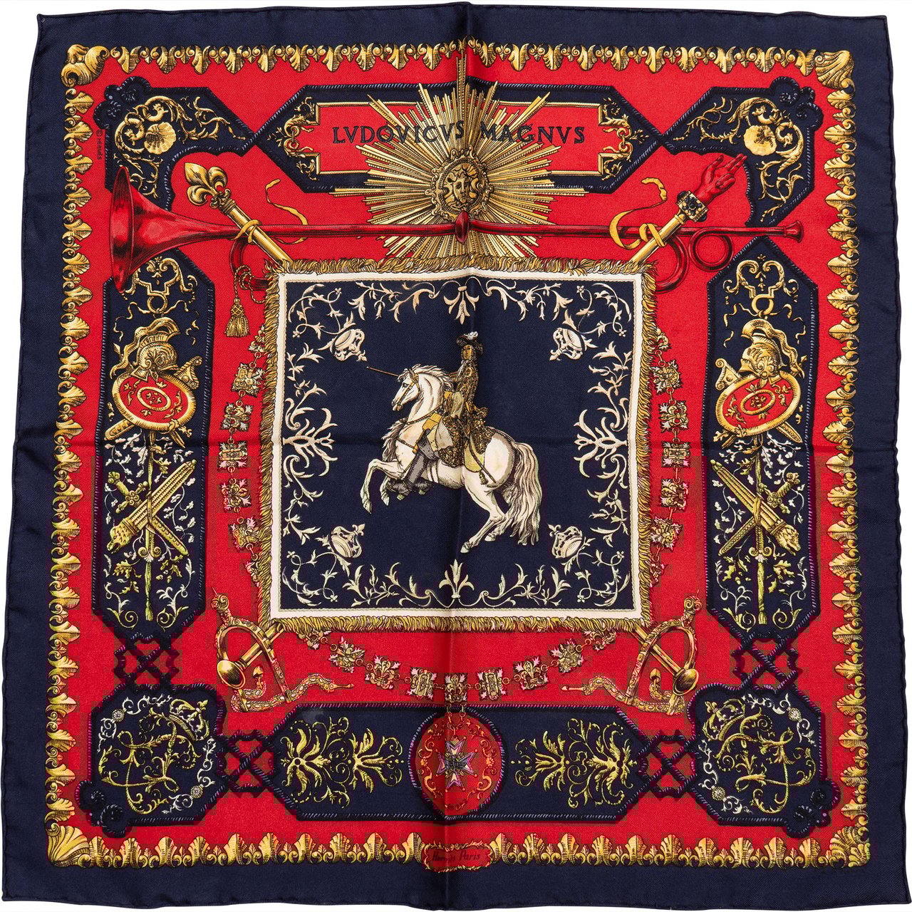 Hermès Hermès Classic "LVDOVICVS MAGNVS" Silk Carre 90 Scarf Tuch Blauw