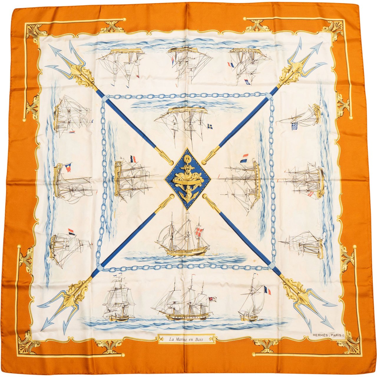 Hermès Hermès Classic "La Marine en Bois" Silk Carre 90 Scarf Tuch Oranje