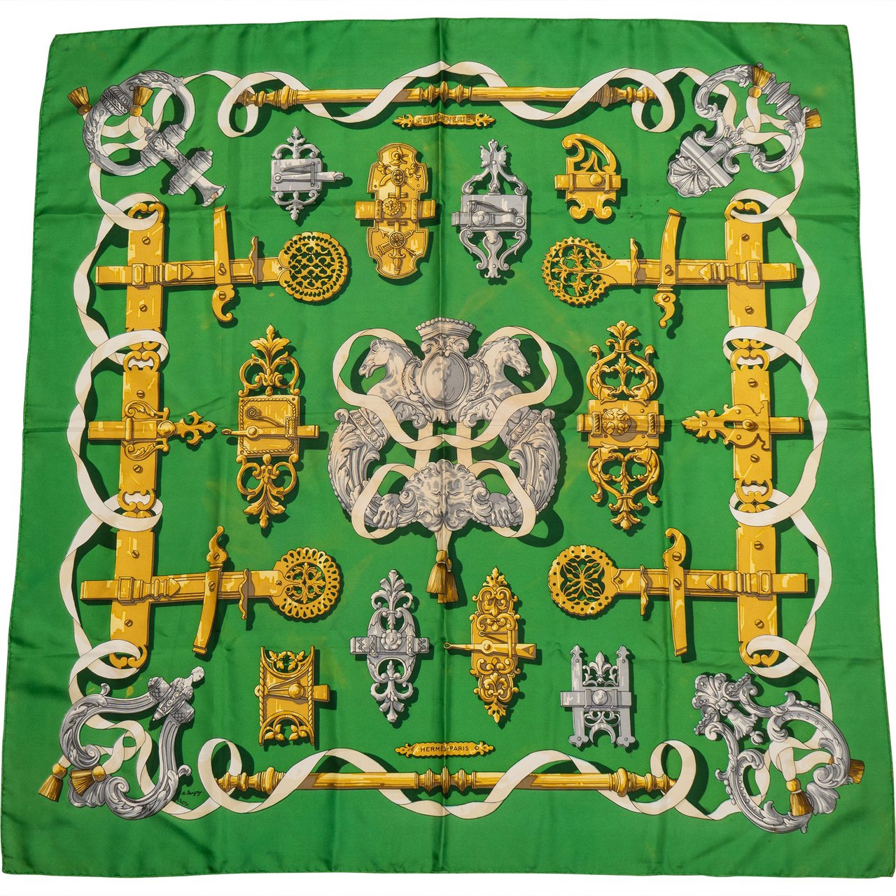 Hermès Hermès Classic "FERRONNERIE" Silk Carre 90 Scarf Tuch Groen