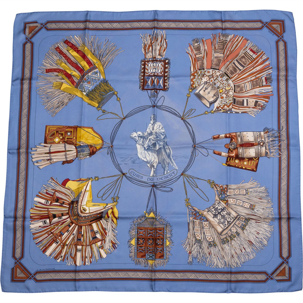 Hermès Classic "CUIRS DU DESERT" Silk Carre 90 Scarf Tuch Blauw