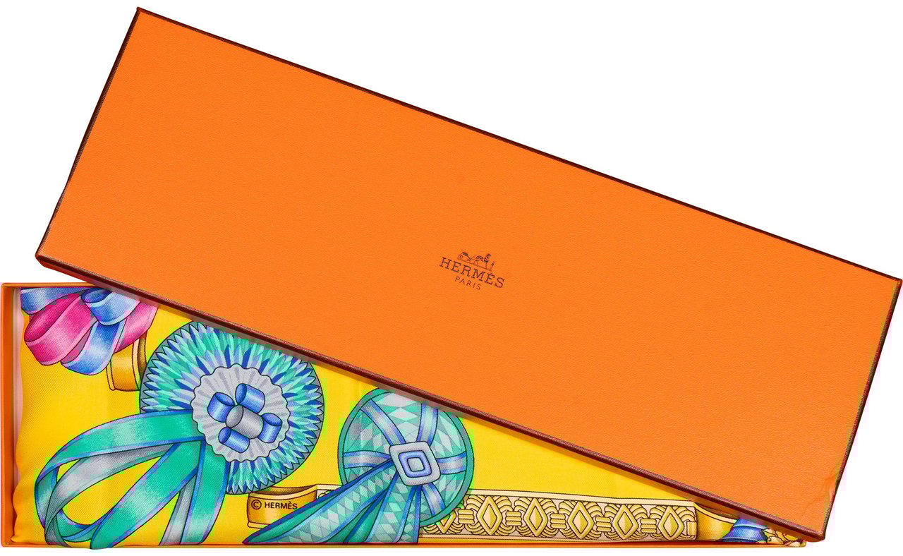 Hermès Hermès Classic "LES RUBANS DU CHEVAL" Silk Carre 90 Scarf Tuch Geel