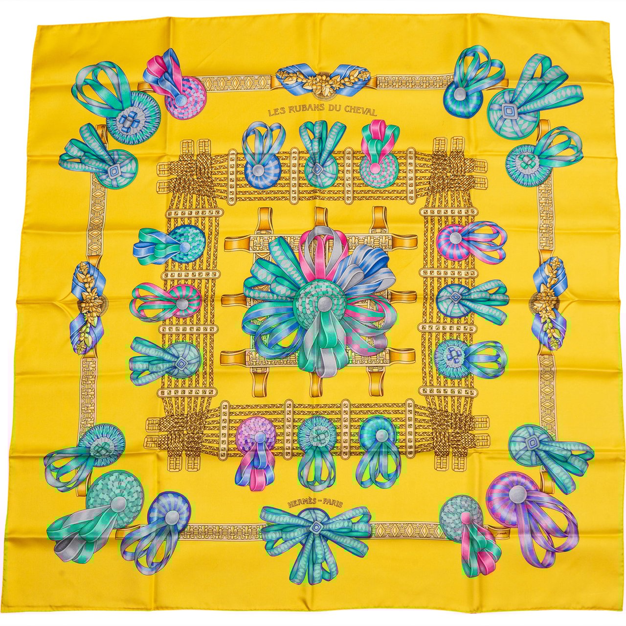 Hermès Hermès Classic "LES RUBANS DU CHEVAL" Silk Carre 90 Scarf Tuch Geel