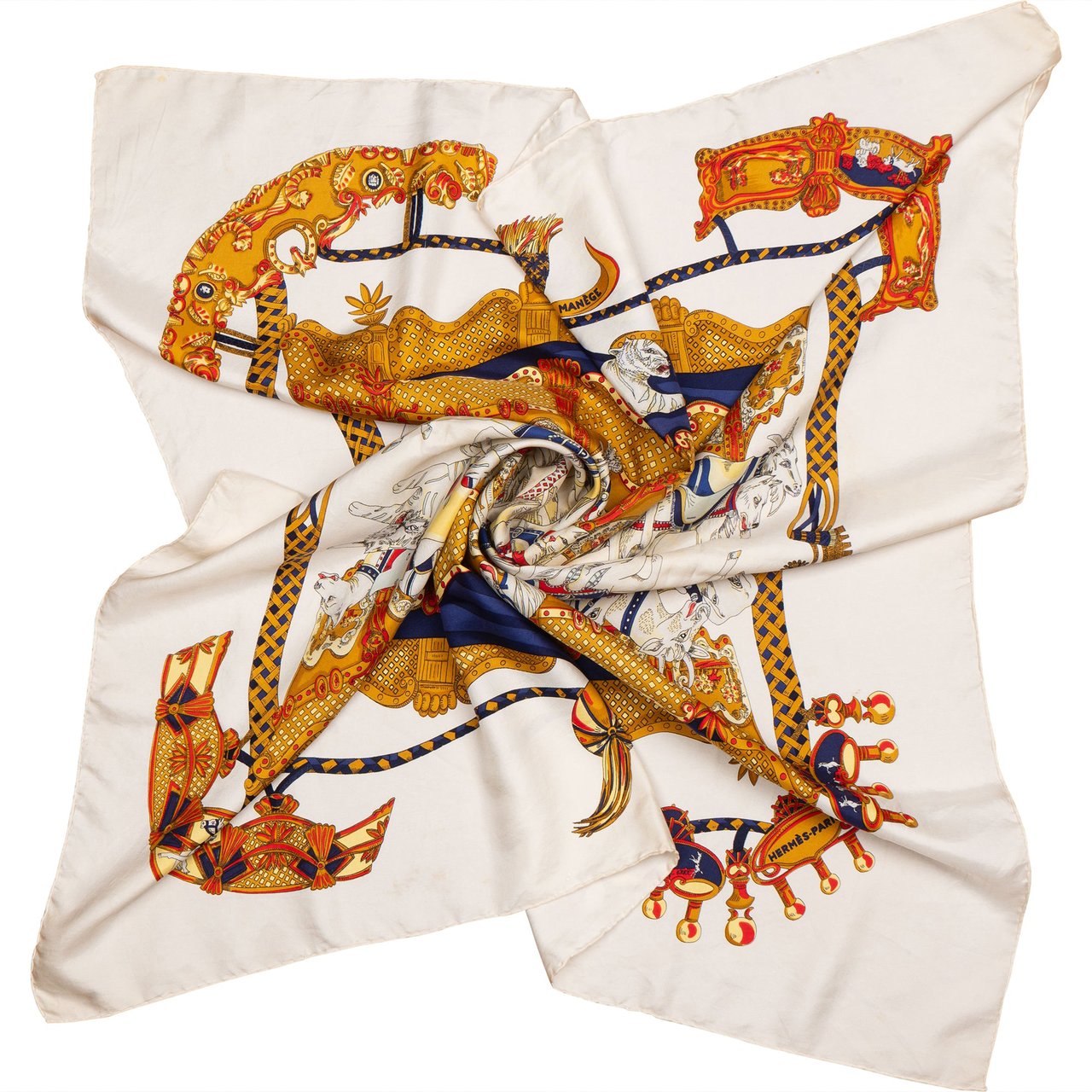 Hermès Classic "Carriage" Silk Carre 90 Scarf Tuch Wit