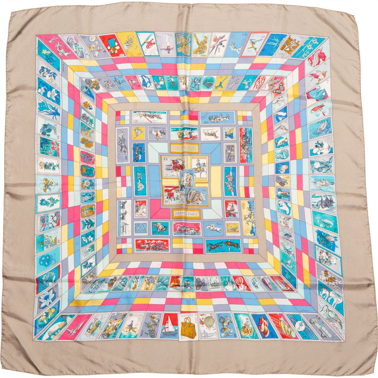 Hermès Classic "CORRESPONDANCE" Silk Carre 90 Scarf Tuch Donkergrijs