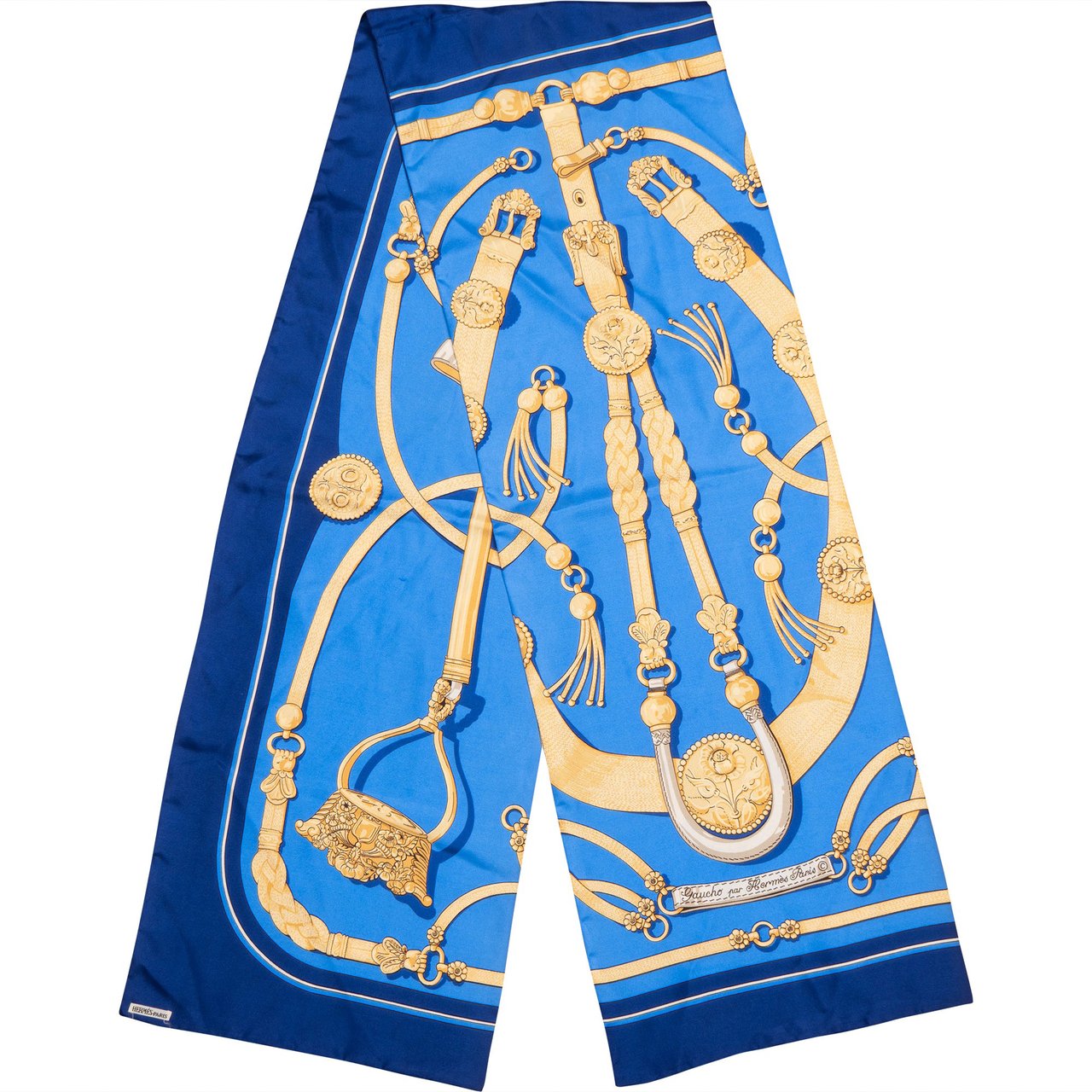 Hermès Hermès Bleu "Gaucho" Silk Twilly Maxi Scarf Schal Blauw