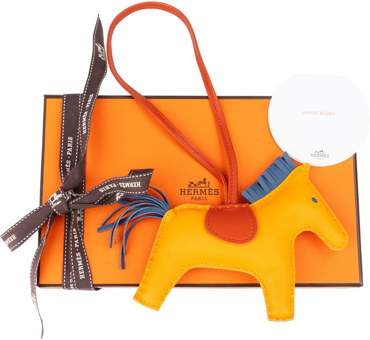 Hermès Hermès Tricolor Leather Rodeo MM Pendant Geel