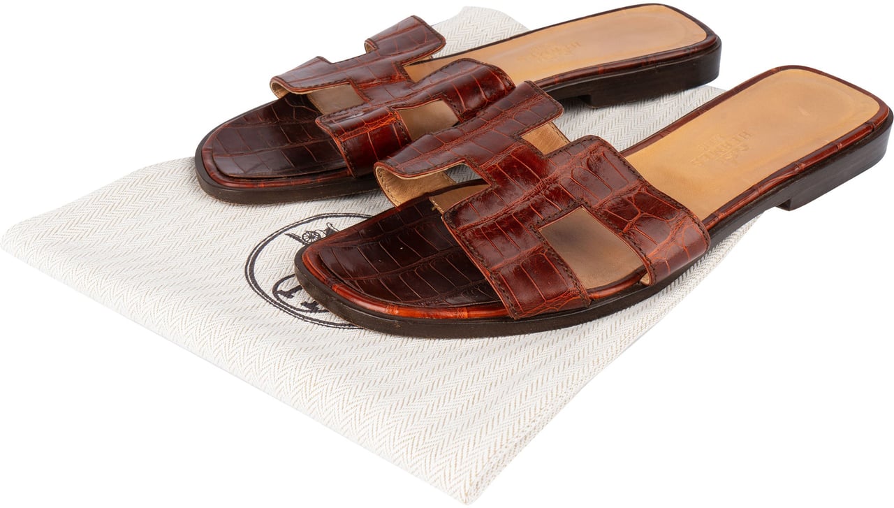 Hermès Hermès Crocodile Leather Oran Sandals (36,5) Bruin