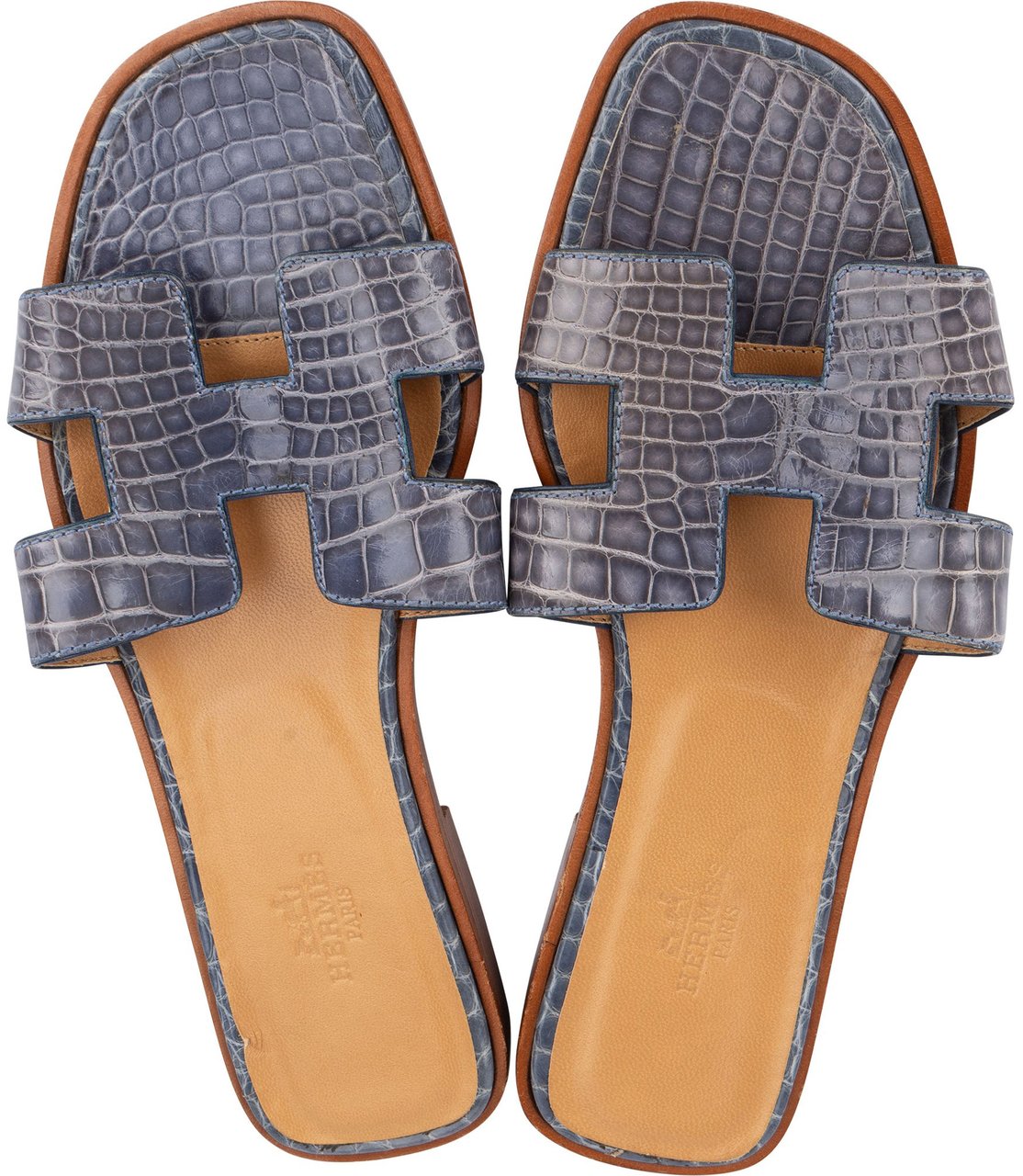 Hermès Hermès Bleu Crocodile Oran Sandals (36) Blauw
