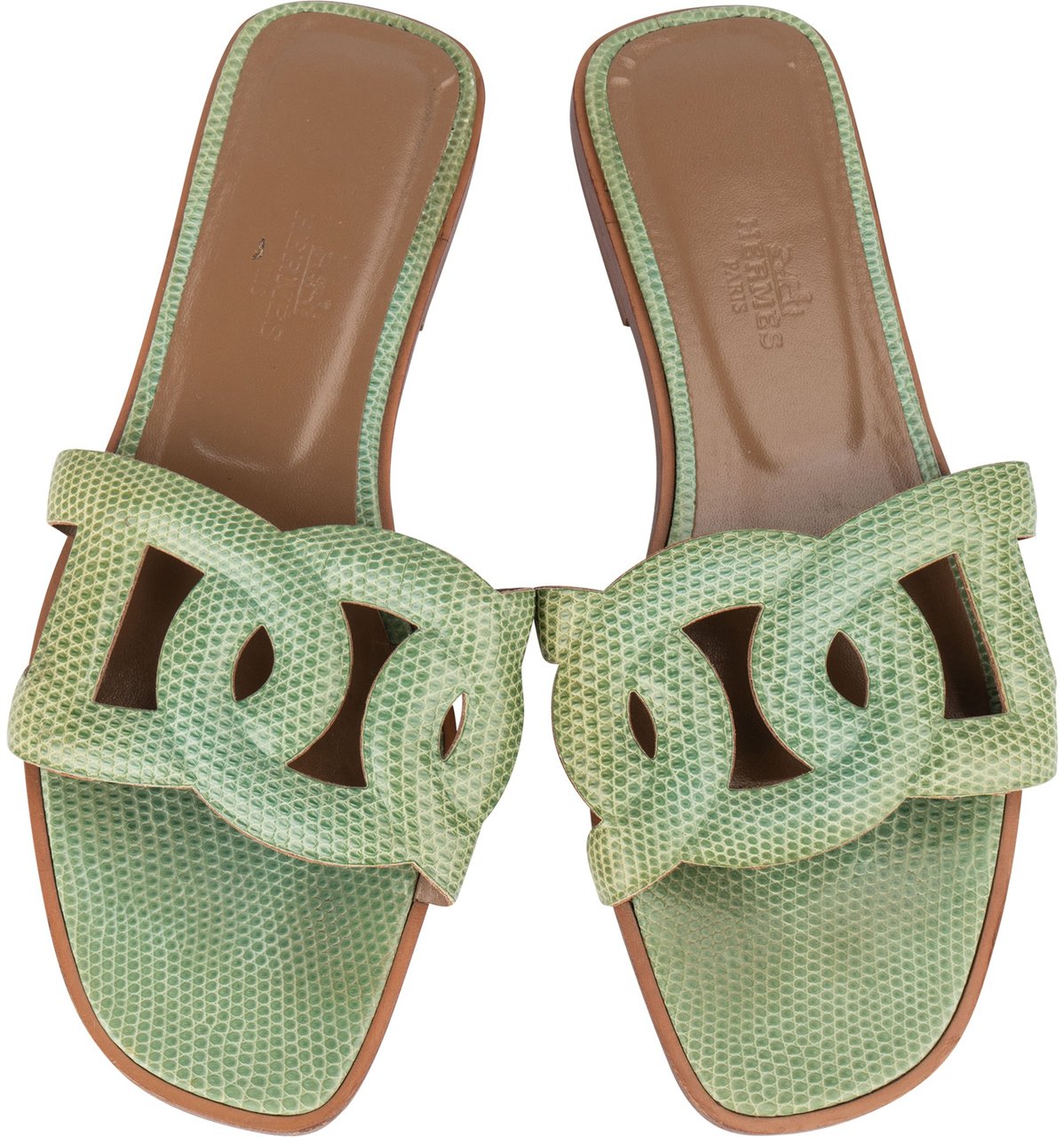 Hermès Hermès Green Lizard Leather Omaha Aloha Sandals (37) Groen