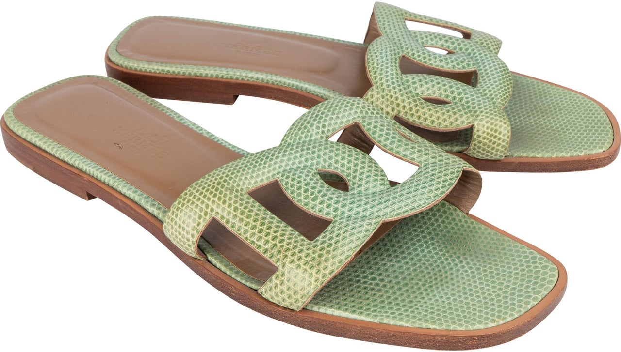 Hermès Hermès Green Lizard Leather Omaha Aloha Sandals (37) Groen