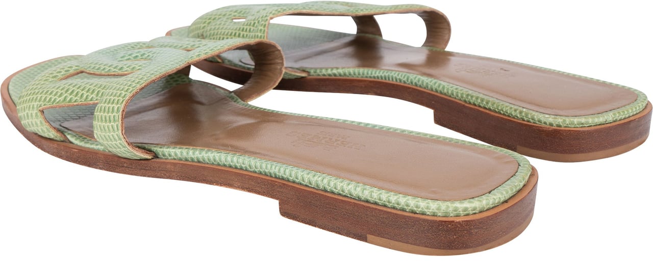 Hermès Hermès Green Lizard Leather Omaha Aloha Sandals (37) Groen