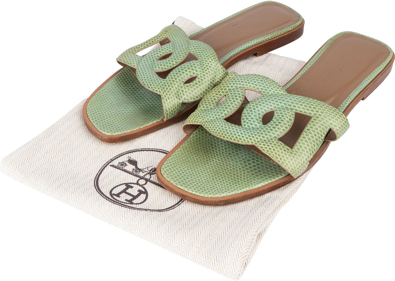 Hermès Hermès Green Lizard Leather Omaha Aloha Sandals (37) Groen