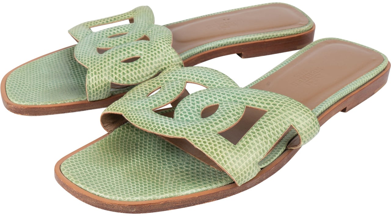 Hermès Hermès Green Lizard Leather Omaha Aloha Sandals (37) Groen