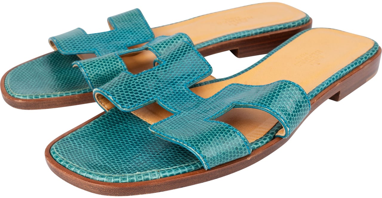 Hermès Hermès Bleu Lizard Leather Oran Sandals (36) Blauw