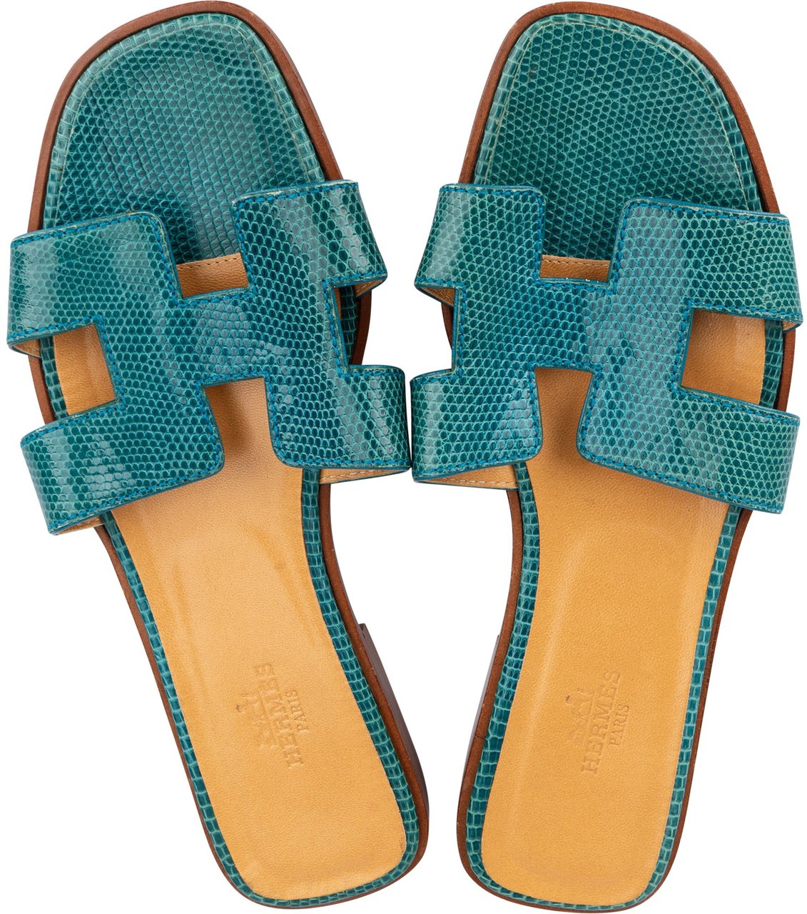 Hermès Hermès Bleu Lizard Leather Oran Sandals (36) Blauw