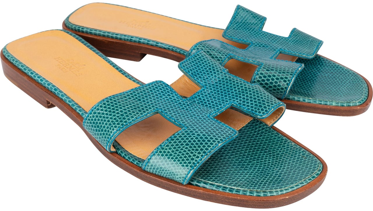 Hermès Hermès Bleu Lizard Leather Oran Sandals (36) Blauw