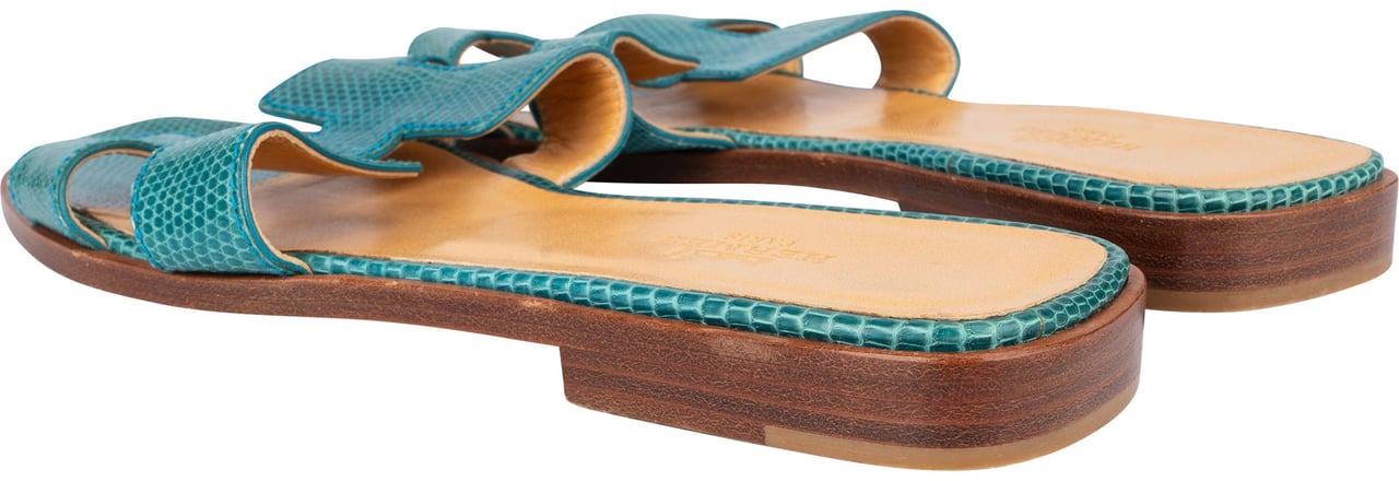 Hermès Hermès Bleu Lizard Leather Oran Sandals (36) Blauw