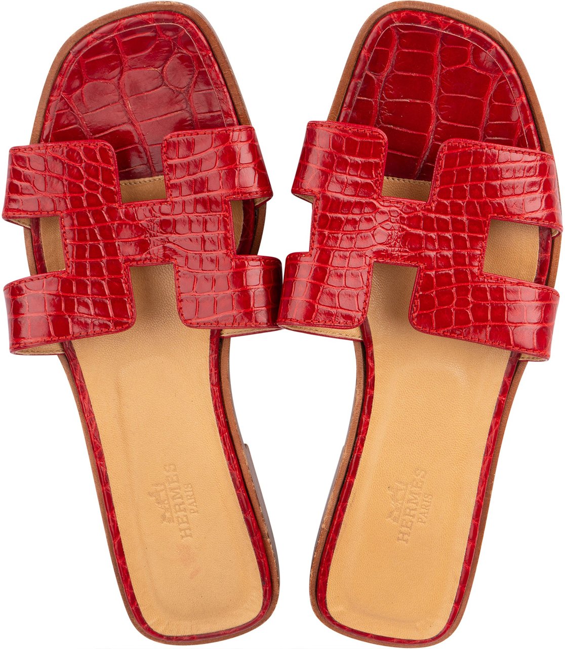 Hermès Hermès Rouge Exotic Crocodile Leather Oran Sandals (36) Rood