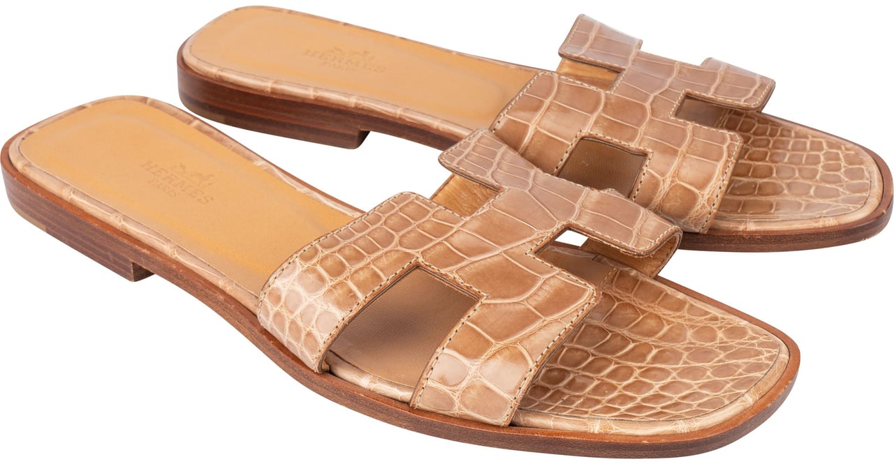 Hermès Hermès Exotic Crocodile Leather Oran Sandals (37) Bruin