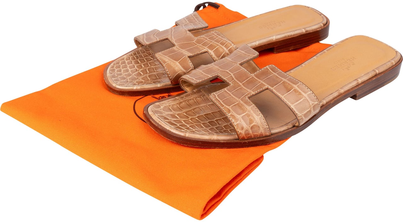 Hermès Hermès Exotic Crocodile Leather Oran Sandals (37) Bruin