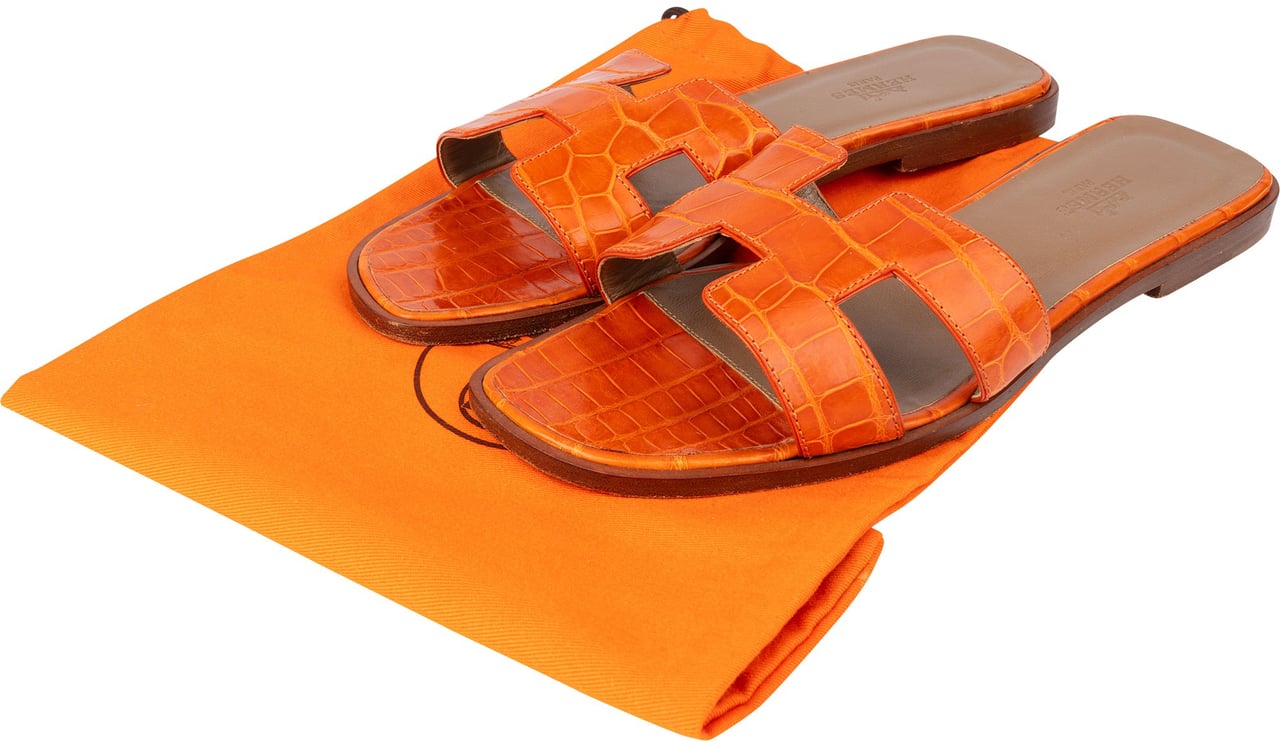 Hermès Hermès Orange Exotic Crocodile Leather Oran Sandals (37) Oranje