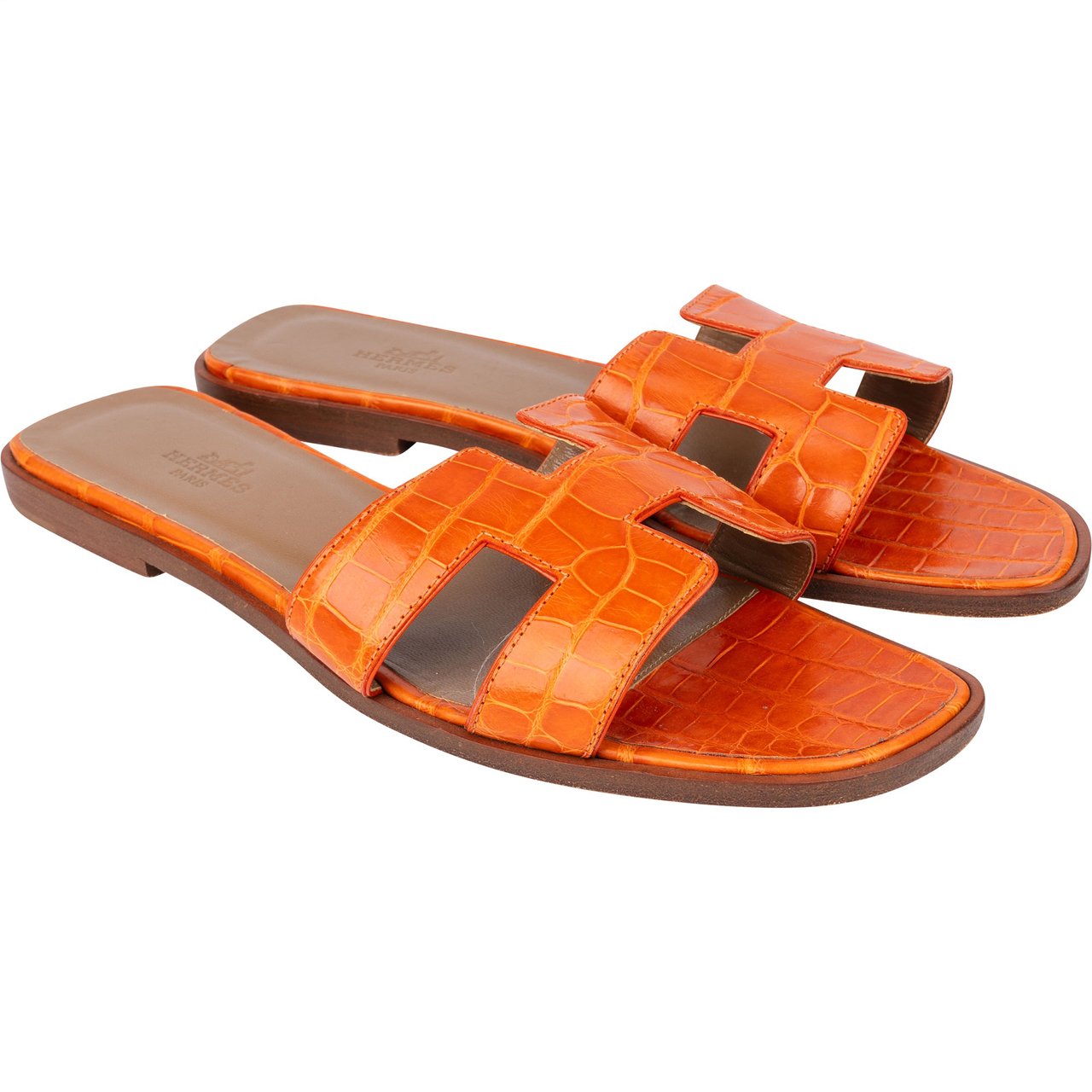Hermès Hermès Orange Exotic Crocodile Leather Oran Sandals (37) Oranje