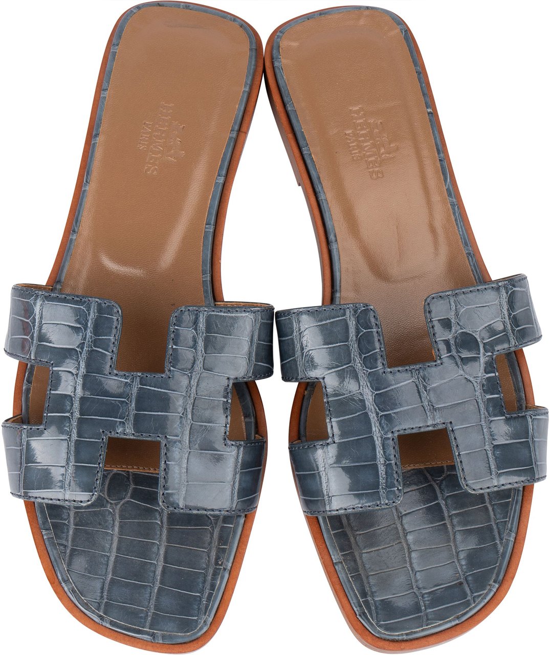 Hermès Hermès Bleu Exotic Crocodile Leather Oran Sandals (36,5) Blauw