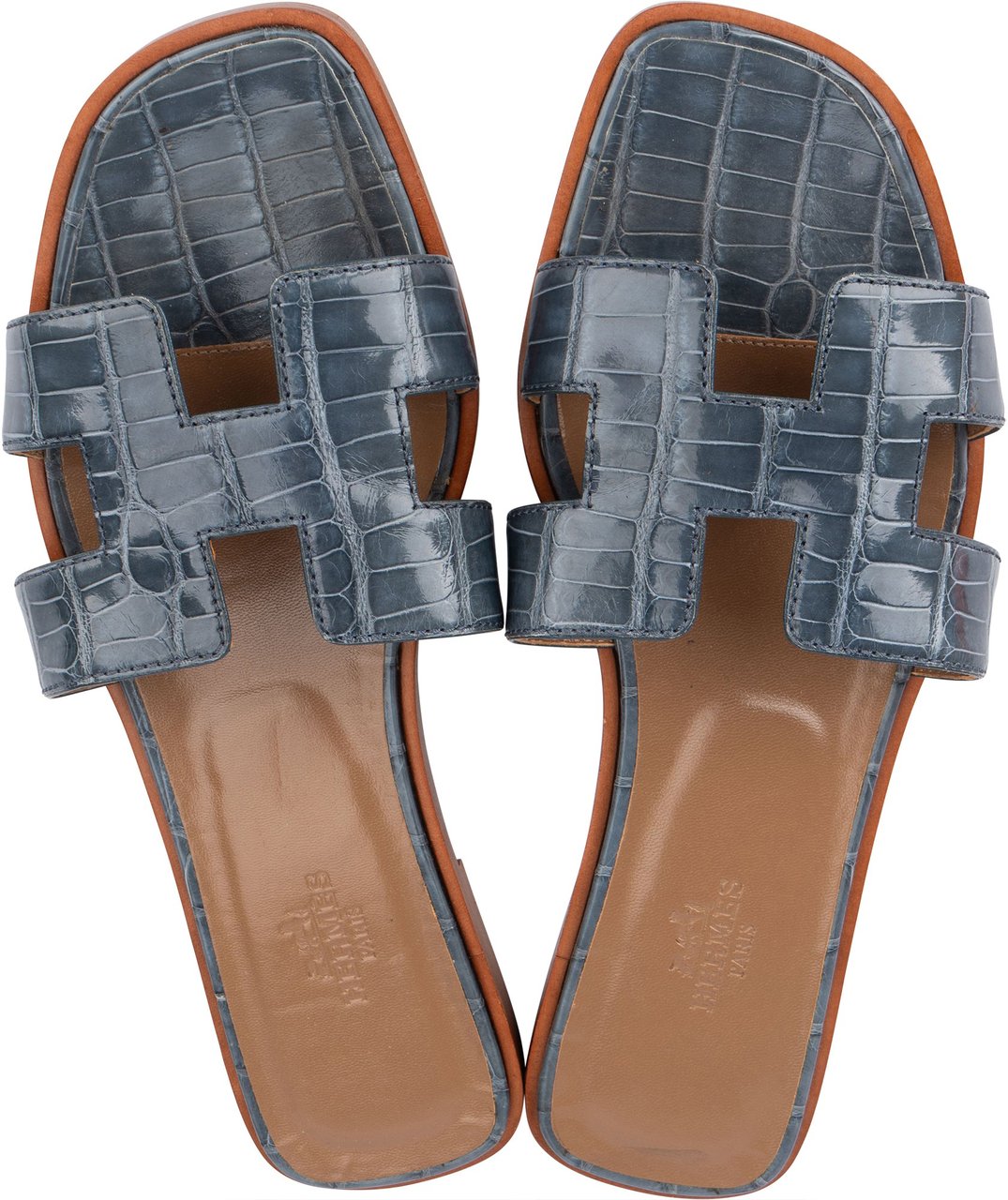 Hermès Hermès Bleu Exotic Crocodile Leather Oran Sandals (36,5) Blauw
