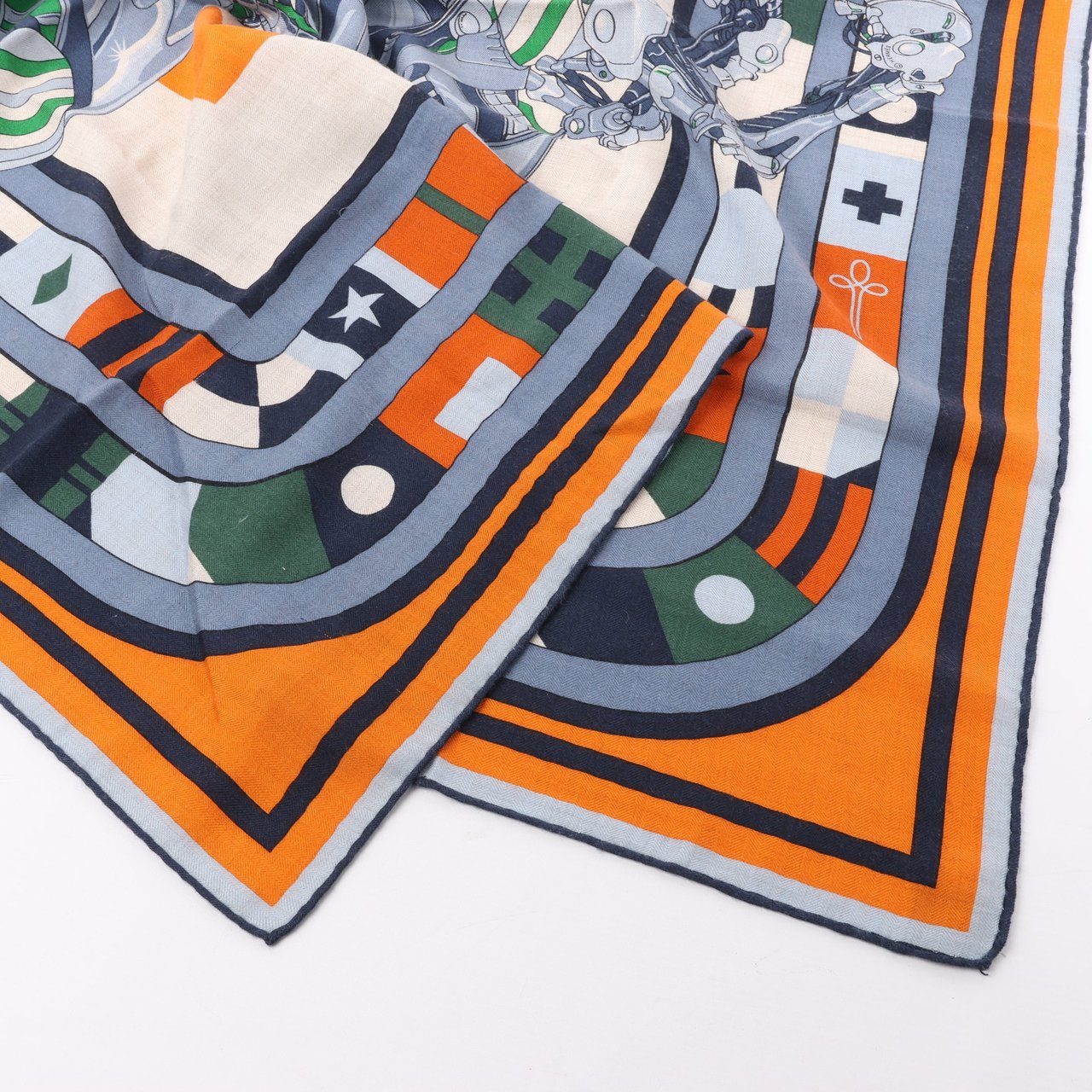 Hermès Hermès Carré 100 "ROBOCABAR" Cashmere and Silk Scarf in Blue x Orange Oranje