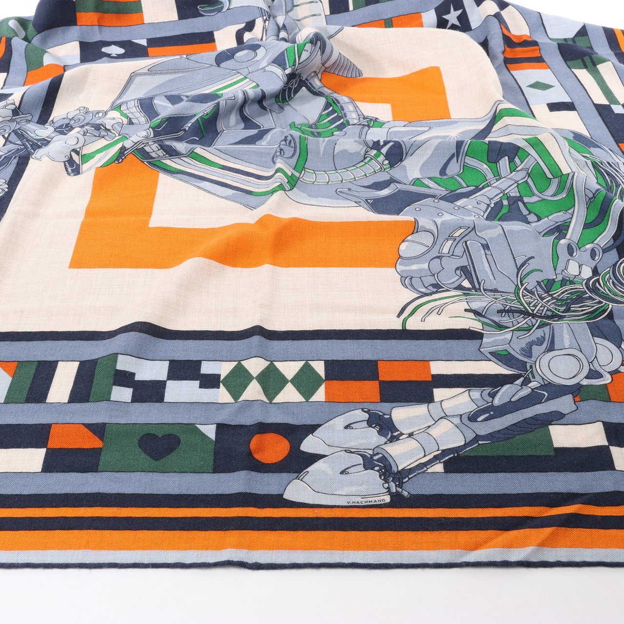 Hermès Hermès Carré 100 "ROBOCABAR" Cashmere and Silk Scarf in Blue x Orange Oranje