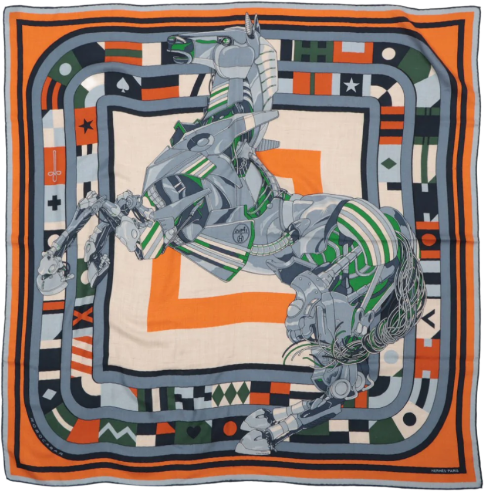 Hermès Hermès Carré 100 "ROBOCABAR" Cashmere and Silk Scarf in Blue x Orange Oranje