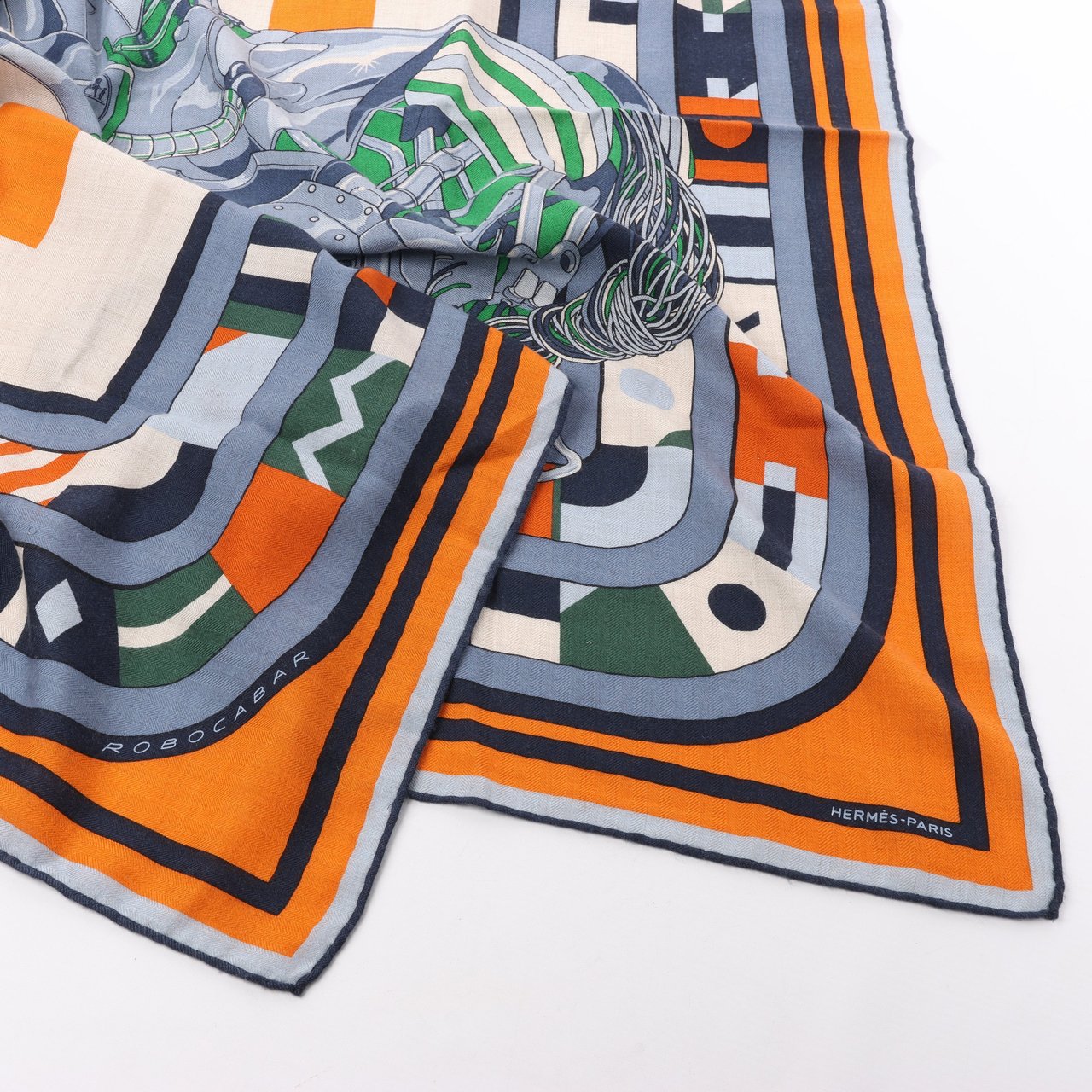 Hermès Hermès Carré 100 "ROBOCABAR" Cashmere and Silk Scarf in Blue x Orange Oranje