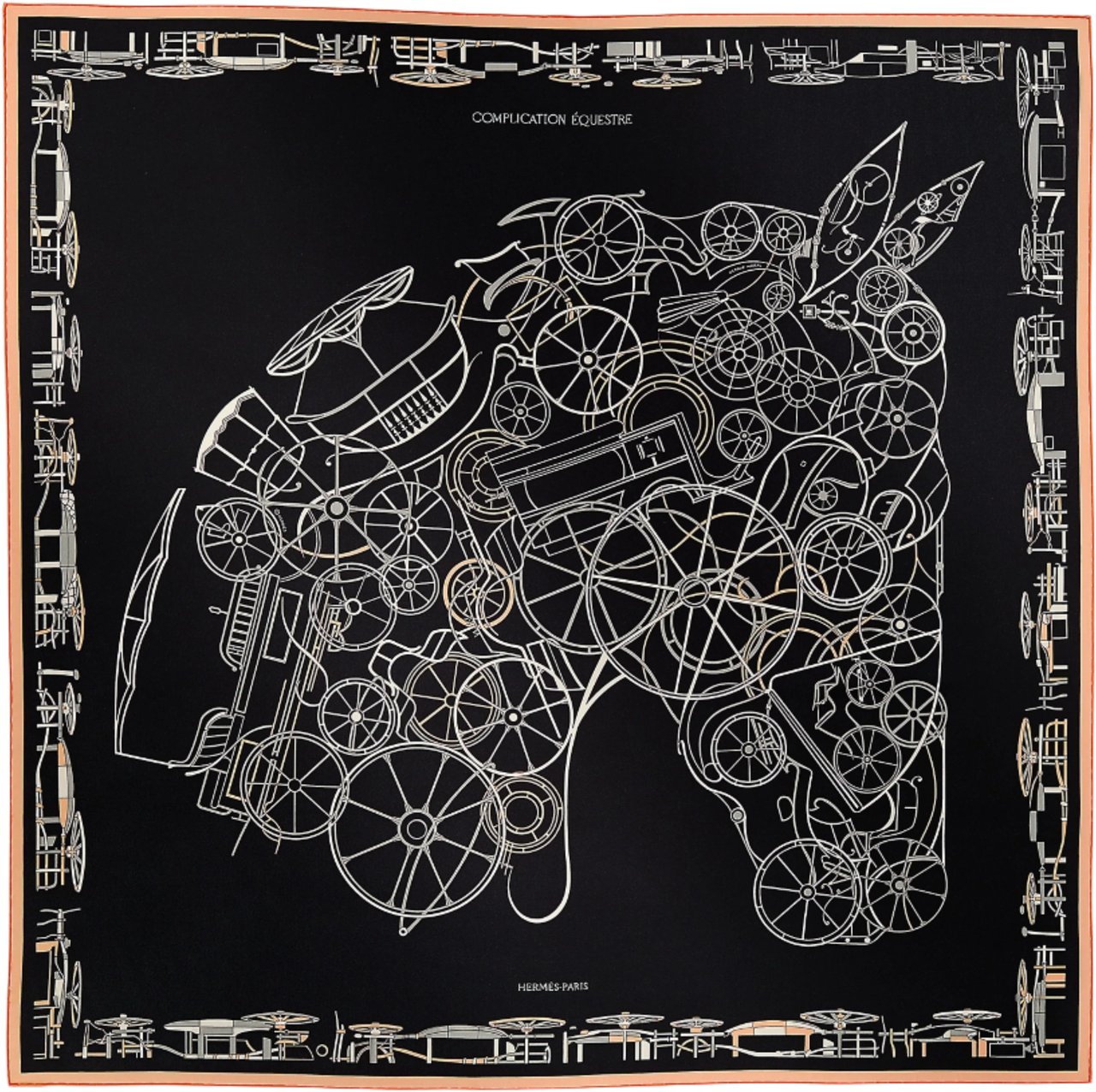 Hermès Hermès Carré 90 "COMPLICATION EQUESTRE" 100% Silk Scarf in Black Zwart