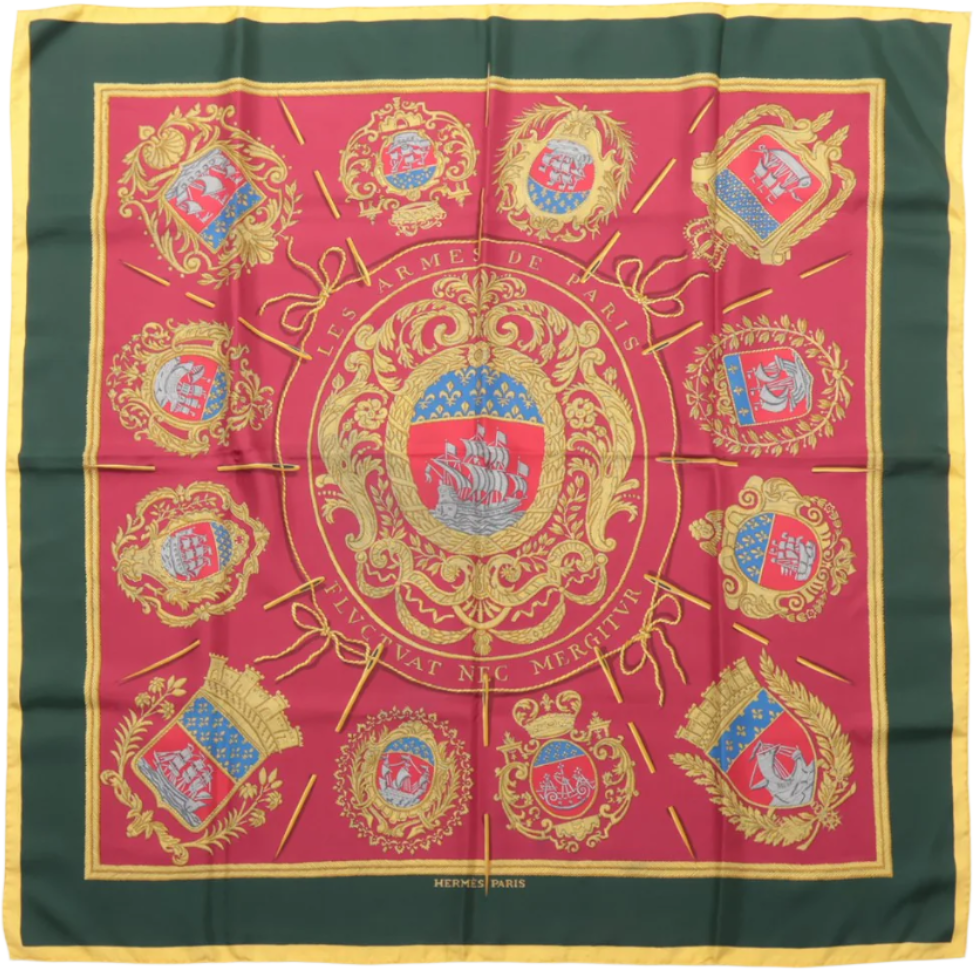 Hermès Hermès Carré 90 "FLVCTVAT NEC MERGITVR" 100% Silk Scarf in Green x Red Rood