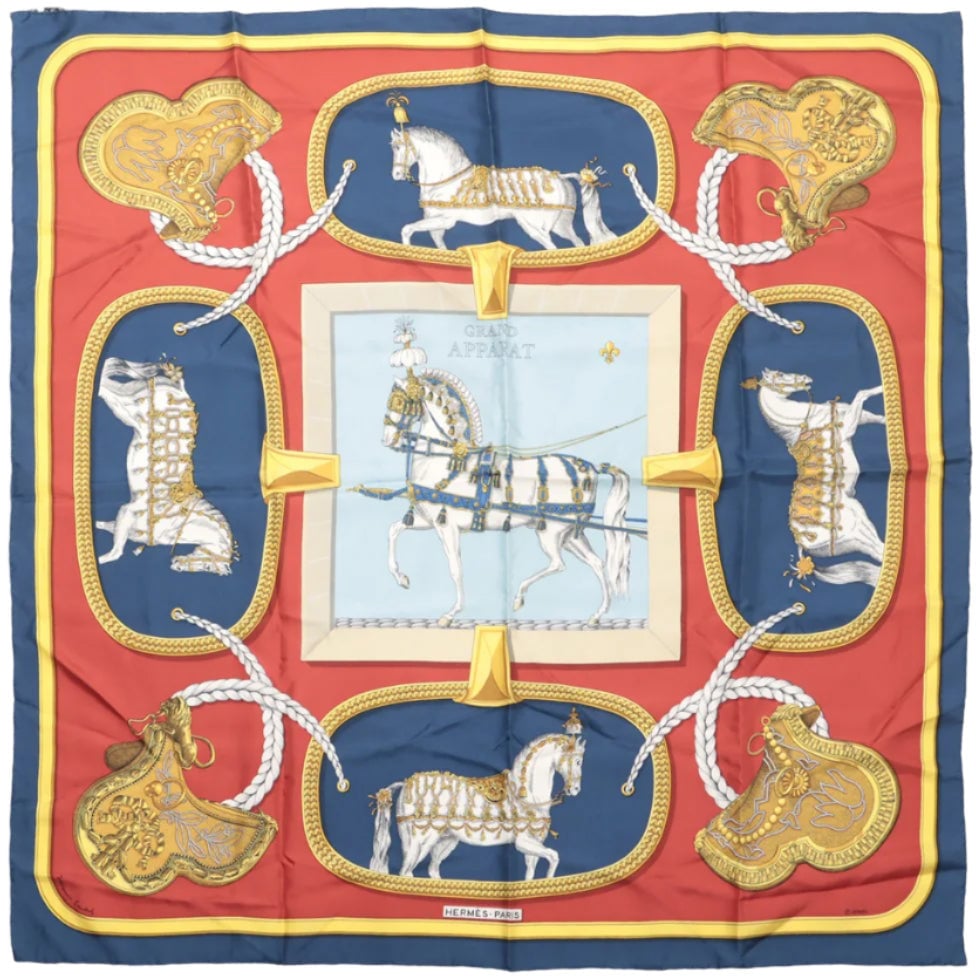Hermès Hermès Carré 90 "GRAND APPARAT" 100% Silk Scarf in Navy x Red Rood
