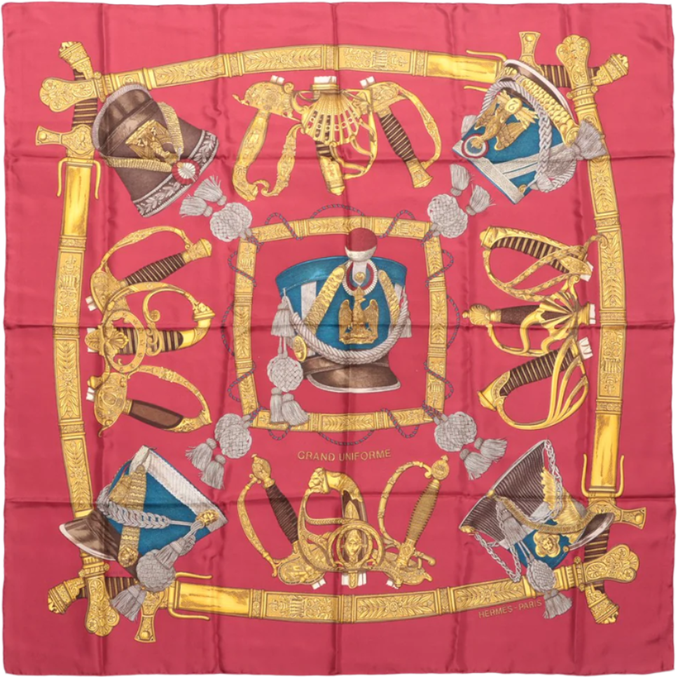 Hermès Hermès Carré 90 "GRAND UNIFORME" 100% Silk Scarf in Burgundy Maroon