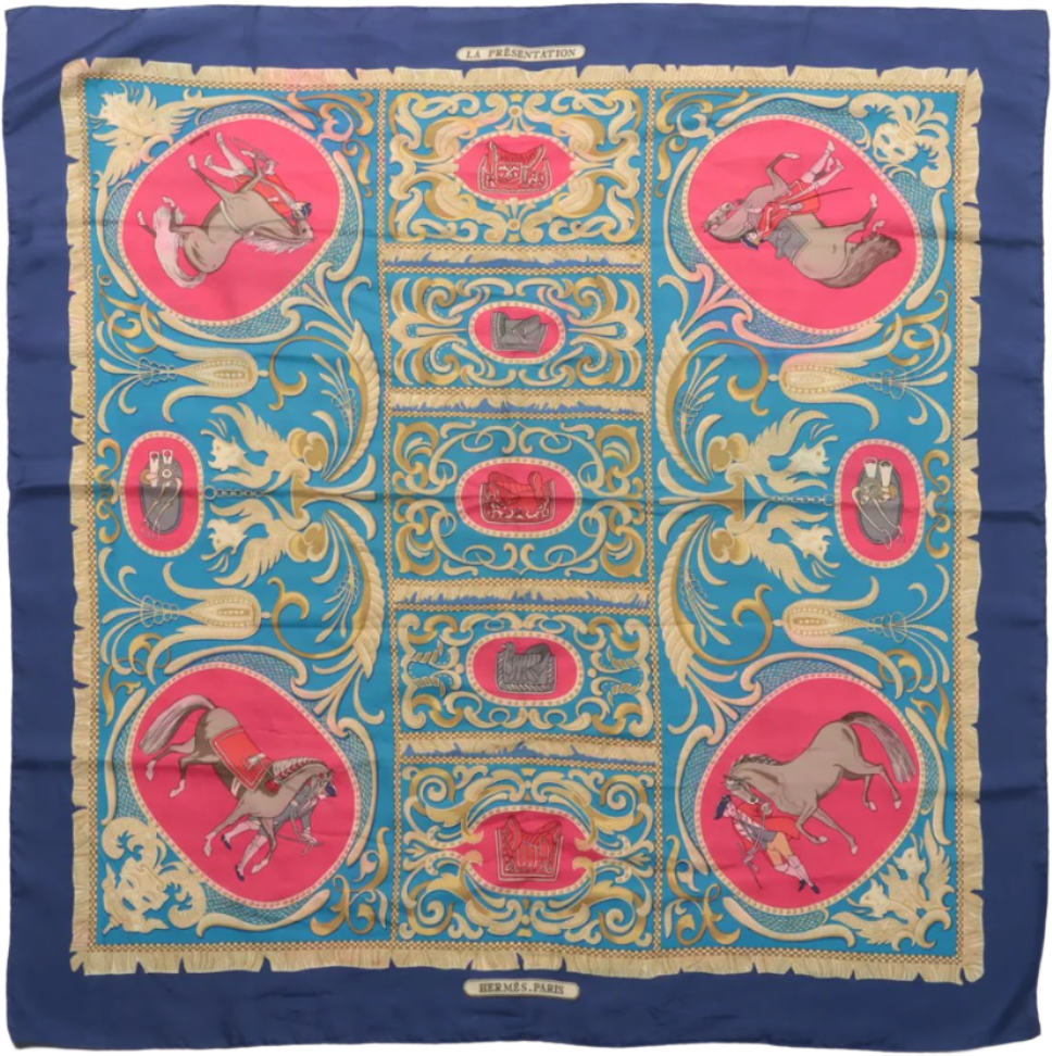 Hermès Hermès Carré 90 "LA PRESENTATION" 100% Silk Scarf in Navy Blue Navy