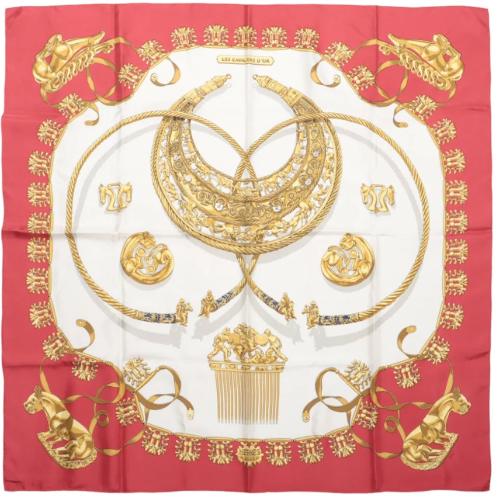 Hermès Hermès Carré 90 "LES CAVALIERS D'OR" 100% Silk Scarf in Red Rood